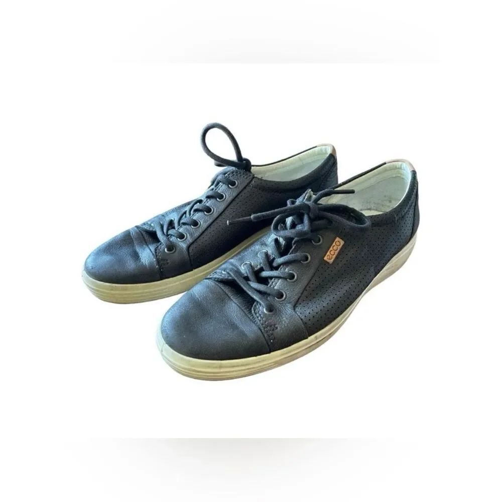 Ecco Shoes Mens 9 Soft Perforated Casual Low Sneakers Black Leather Lace Up